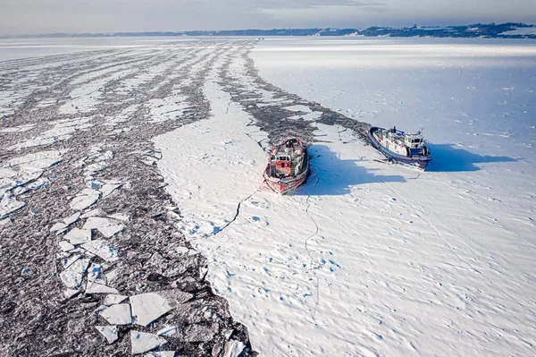 Icebreakers Clearing Flow River Aerial View Poland Winter — Stock Photo, Image