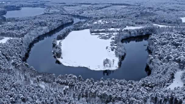 Вид с воздуха на зимнюю природу. Зимняя река и снежный лес. — стоковое видео