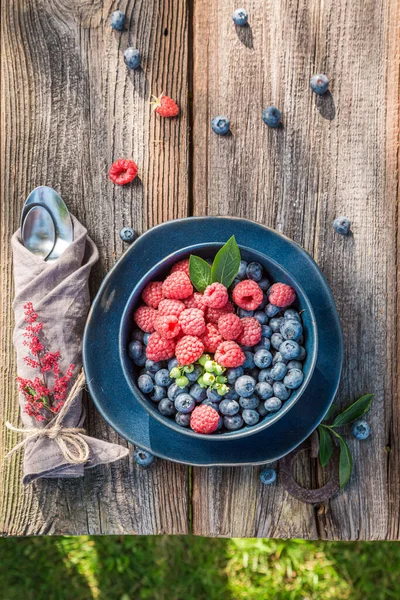 Helathy Berries Napkins Cutlery Old Wooden Table Summer Garden — Stock Photo, Image