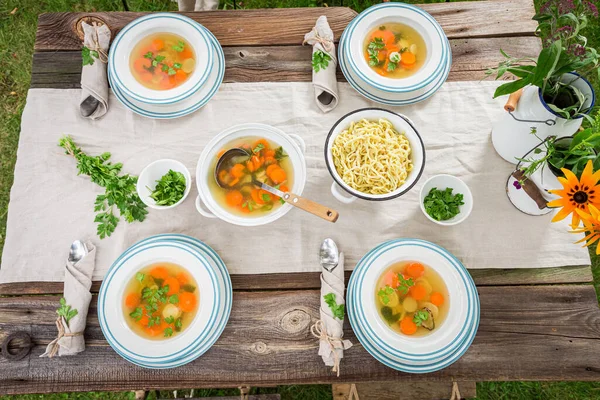 Fresh Broth Served Garden Dinner Garden Homemade Broth Countryside — Stock Photo, Image