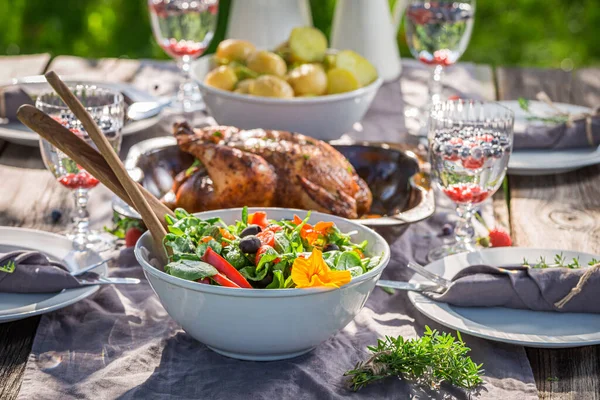 Sabrosa Cena Con Pollo Servido Campo Cena Jardín Cena Casera — Foto de Stock