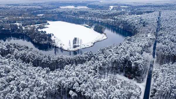 Koude Winterrivier Besneeuwd Bos Luchtfoto Van Wilde Dieren Polen Europa — Stockfoto