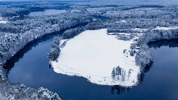 冬季野生动物的空中景观 冬季飞越弯曲的河流和白雪覆盖的森林 — 图库照片