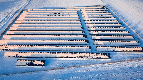 Чистая Энергия Зимой Снежная Фотоэлектрическая Ферма Вид Воздуха Природу Польше — стоковое фото