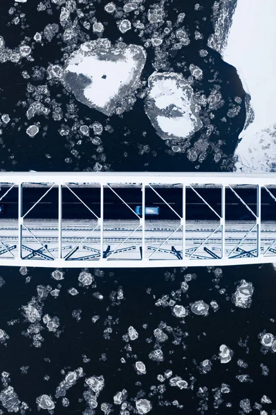 Brücke Über Fluss Mit Scholle Winter Luftaufnahme Des Winters Polen — Stockfoto