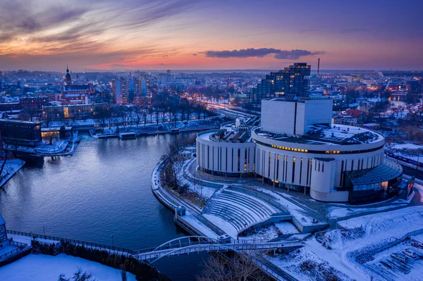 Opera Nova Στο Bydgoszcz Σούρουπο Χειμώνα Αεροφωτογραφία Της Αρχιτεκτονικής Στην — Φωτογραφία Αρχείου