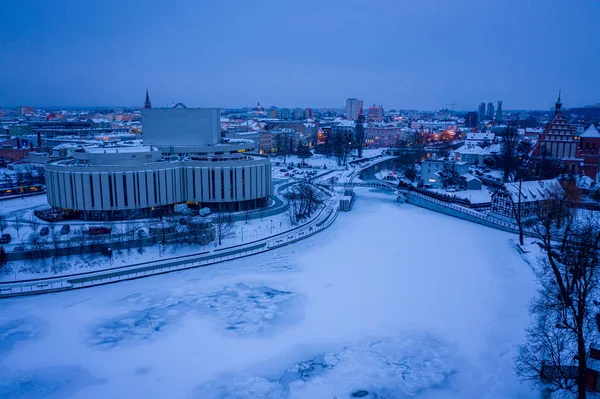 Karlı Kış Aylarında Bydgoszcz Opera Polonya Avrupa Nın Hava Manzarası — Stok fotoğraf