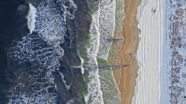 Vågor på Östersjön och snöig strand på vintern. — Stockvideo