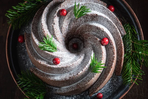 Söt Chokladkaka Med Pulversocker Och Kakao Kakao Julkaka — Stockfoto