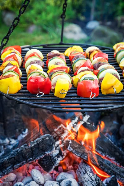 Brochetas Caseras Parrilla Con Verduras Parrilla Jardín Parrilla Campo Verano —  Fotos de Stock