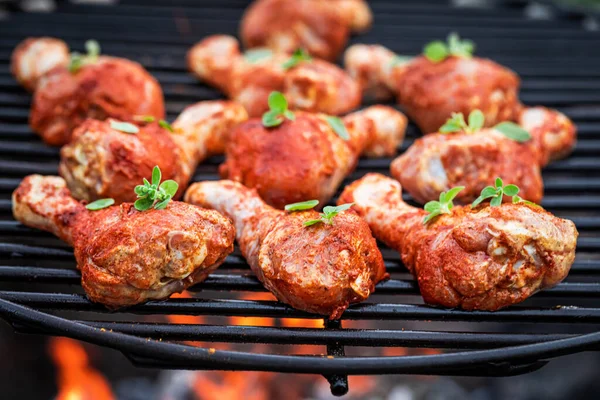 Würzig Gebratenes Hühnchen Mit Gewürzen Grillen Garten Grillen Auf Dem — Stockfoto