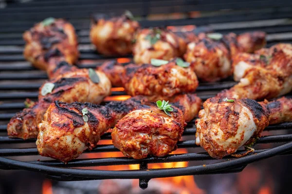 Fűszeres Sült Csirke Gyógynövényekkel Kigyulladt Kolbász Vidéki Grill Nyáron — Stock Fotó