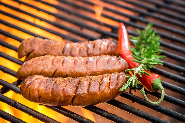Hot sausage on the grill with fire — Stock Photo, Image