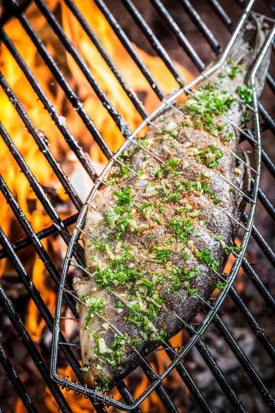 Baked fish on fire — Stock Photo, Image