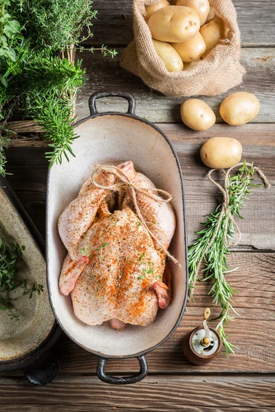 Подготовка курицы к приготовлению со специями и овощами — стоковое фото
