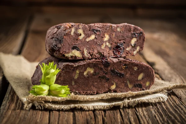 Closeup of homemade chocolate with hazelnuts — Stock Photo, Image