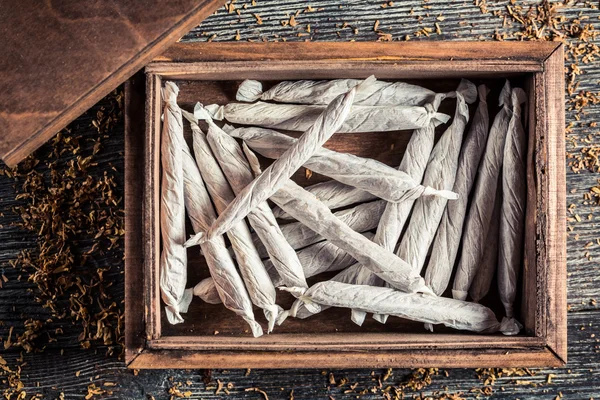 Cigarros artesanais em caixa de madeira — Fotografia de Stock