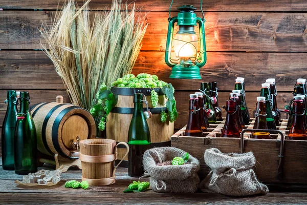 Ingredients for homemade beer stored in the cellar — Stock Photo, Image