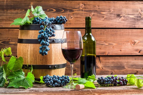 Kırmızı şarap ve üzüm bir varil içinde — Stok fotoğraf