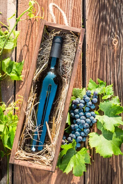 Red wine in a wooden box with hay — Stock Photo, Image