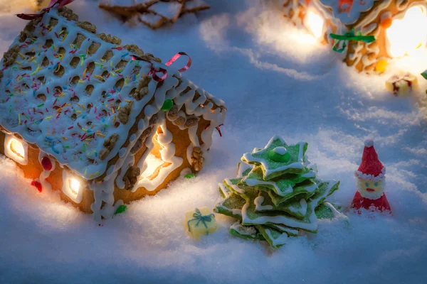 Small gingerbread village built from sweetness — Stock Photo, Image