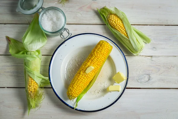 Fersk mais servert med smør – stockfoto