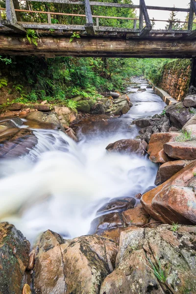 Hukot horského potoka pod dřevěným mostem — Stock fotografie