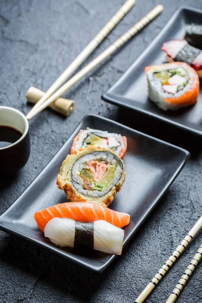 Close up of fresh sushi with soy sauce — Stock Photo, Image