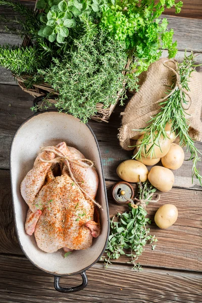 Huhn zum Kochen mit Gewürzen und Gemüse — Stockfoto