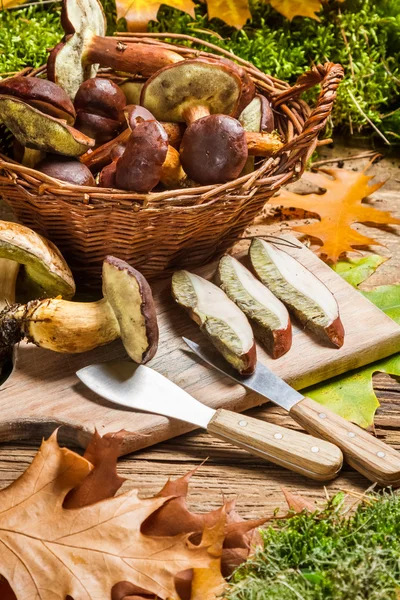 Champignons forestiers dans un panier préparé pour le dîner — Photo