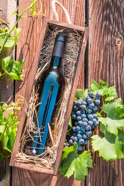 Красное вино в деревянной коробке с сеном — стоковое фото