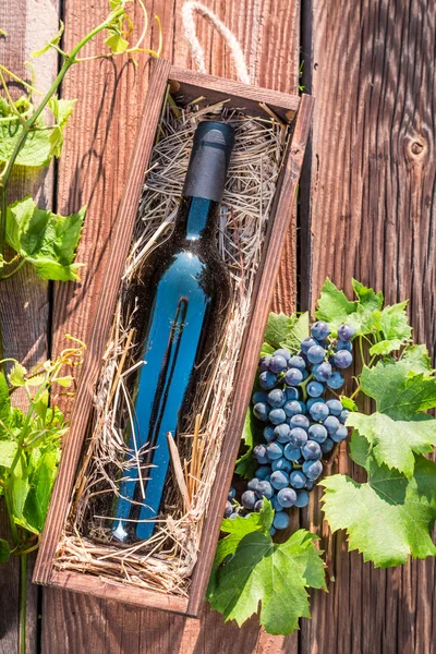 Vino tinto en una caja de madera con heno — Foto de Stock