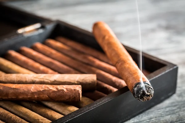 Rök stiger från en brinnande cigarr — Stockfoto