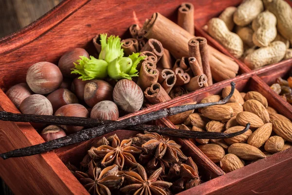 Vari tipi di ingredienti e noci per il cioccolato — Foto Stock