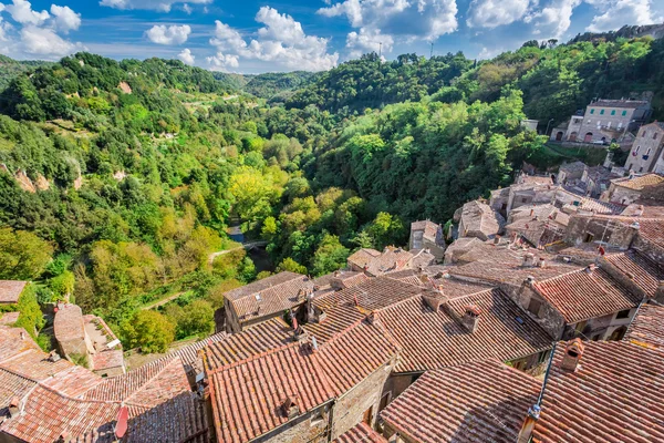 Vue d'une vallée verdoyante à Sorano sur des toits rouges, Italie — Photo