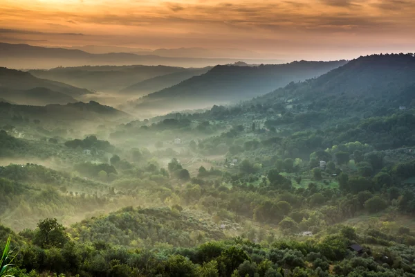 Fog at dawn over the valley in Tuscany — Stock Photo, Image