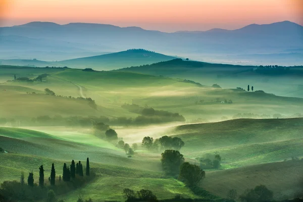 Beautiful view of green fields and meadows at sunset in Tuscany — Stok fotoğraf