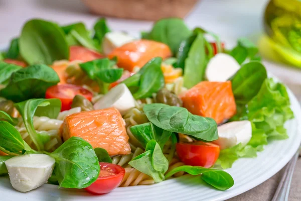 Close-up van zalm met groenten en sla — Stockfoto