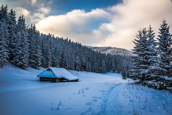 Coucher de soleil dans la vallée de montagne en hiver — Photo