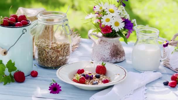 Desayuno con frutas frescas en el jardín de verano — Vídeo de stock