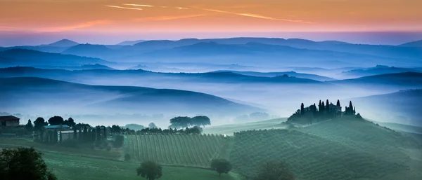 Belos campos verdes e prados ao pôr do sol na Toscana — Fotografia de Stock