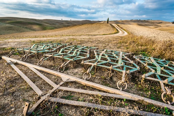 Nydelig utsikt over gangstien ved solnedgang i Toscana stockbilde