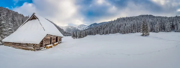 Duża panorama świt nad doliną górskiej w zimie — Zdjęcie stockowe