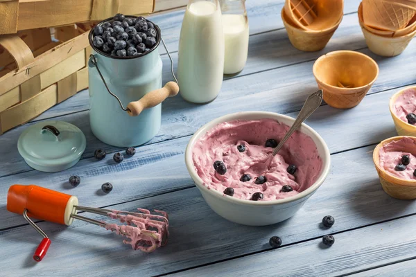 Sorvete feito com iogurte misto e mirtilos — Fotografia de Stock