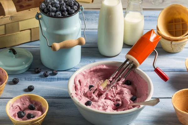 Homemade production line of blueberry ice cream — Stock Photo, Image