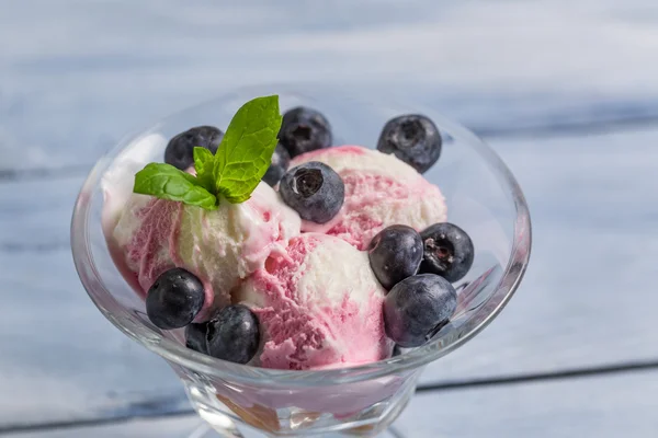 블루베리 아이스크림, 잎 박하와 그릇 — 스톡 사진