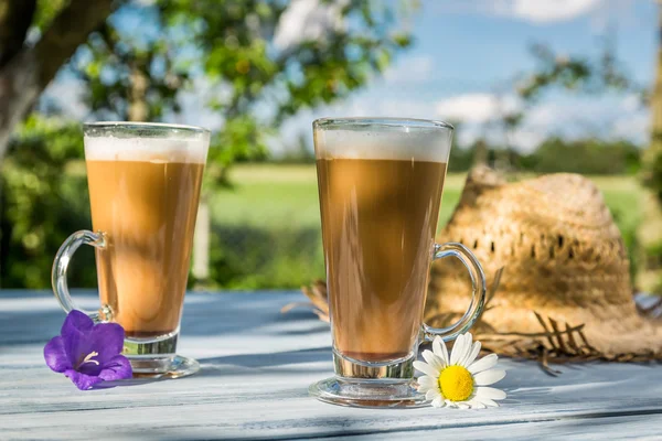 Caffè latte in un giardino soleggiato — Foto Stock