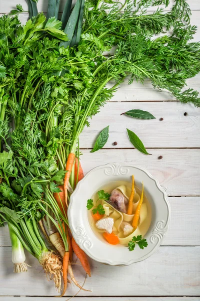 Sopa caseira de macarrão de frango com legumes frescos — Fotografia de Stock