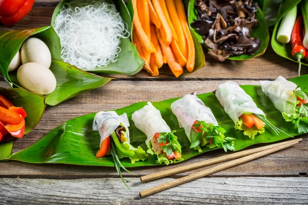 Rollos de primavera con verduras y pollo — Foto de Stock