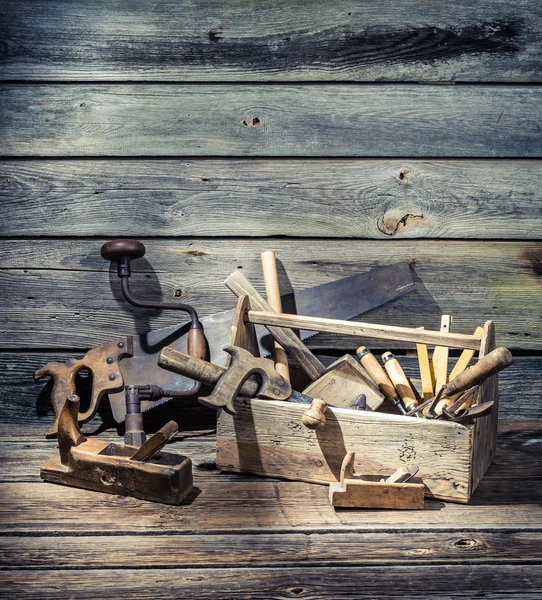 Old carpenter tools in a wooden box